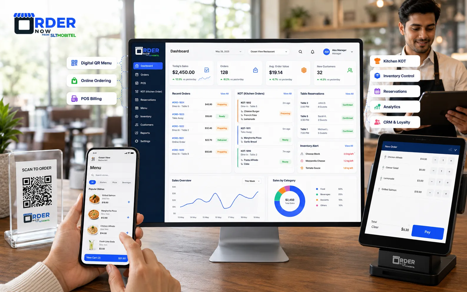 OrderNow restaurant management dashboard with QR menu, POS, KOT, inventory, reservations, analytics and CRM