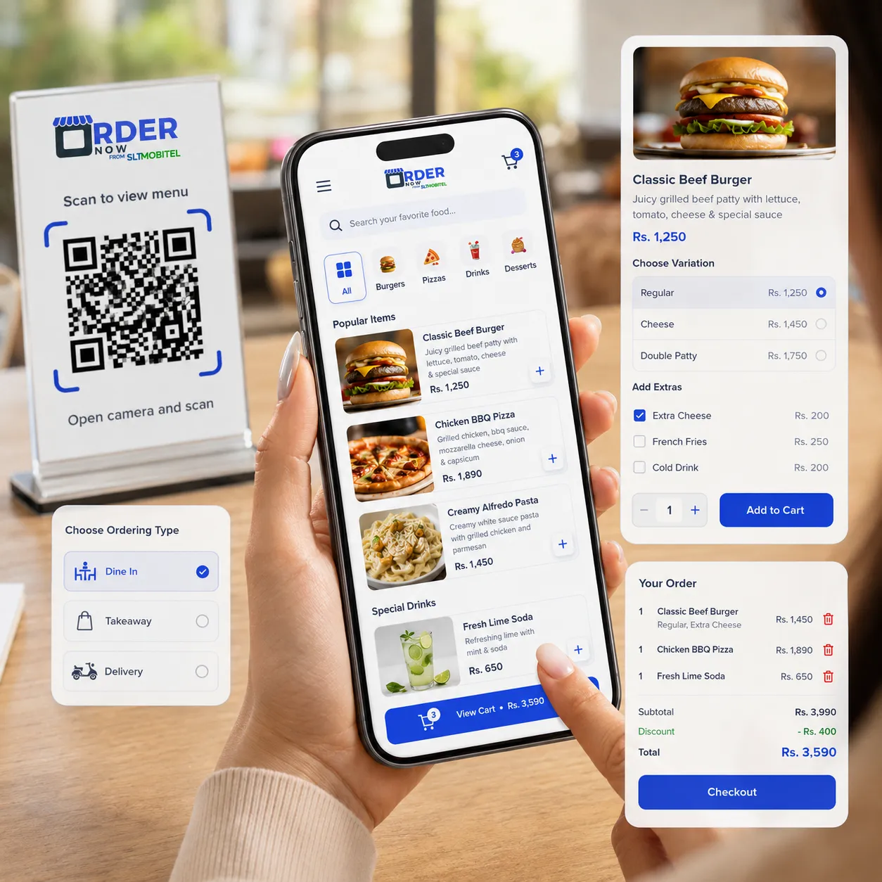 Digital QR menu interface with ordering type, menu items, add-ons, cart and checkout