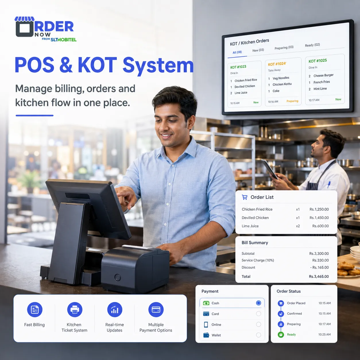 Restaurant POS and KOT system showing cashier billing and kitchen order tickets