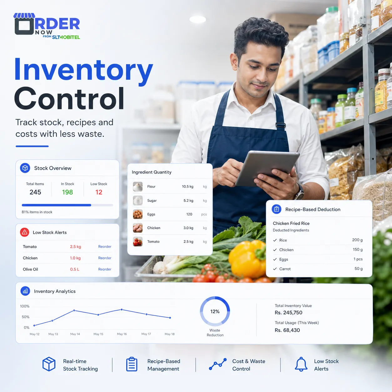 Restaurant inventory control dashboard with stock overview, low stock alerts and recipe-based deduction