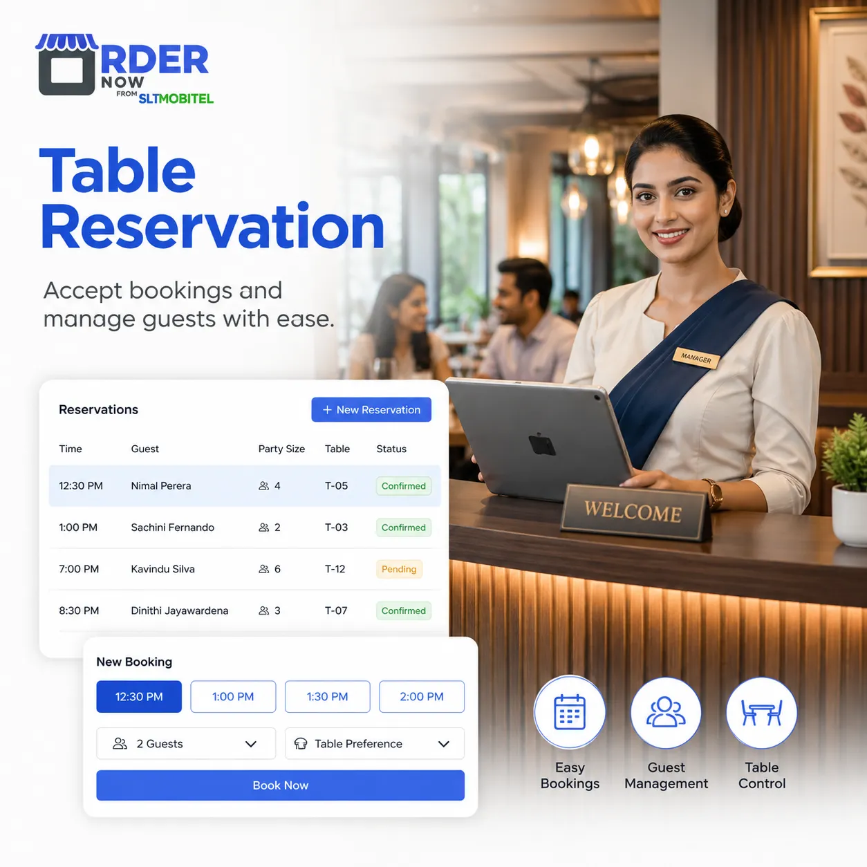 Restaurant table reservation management with guest booking list and new booking form