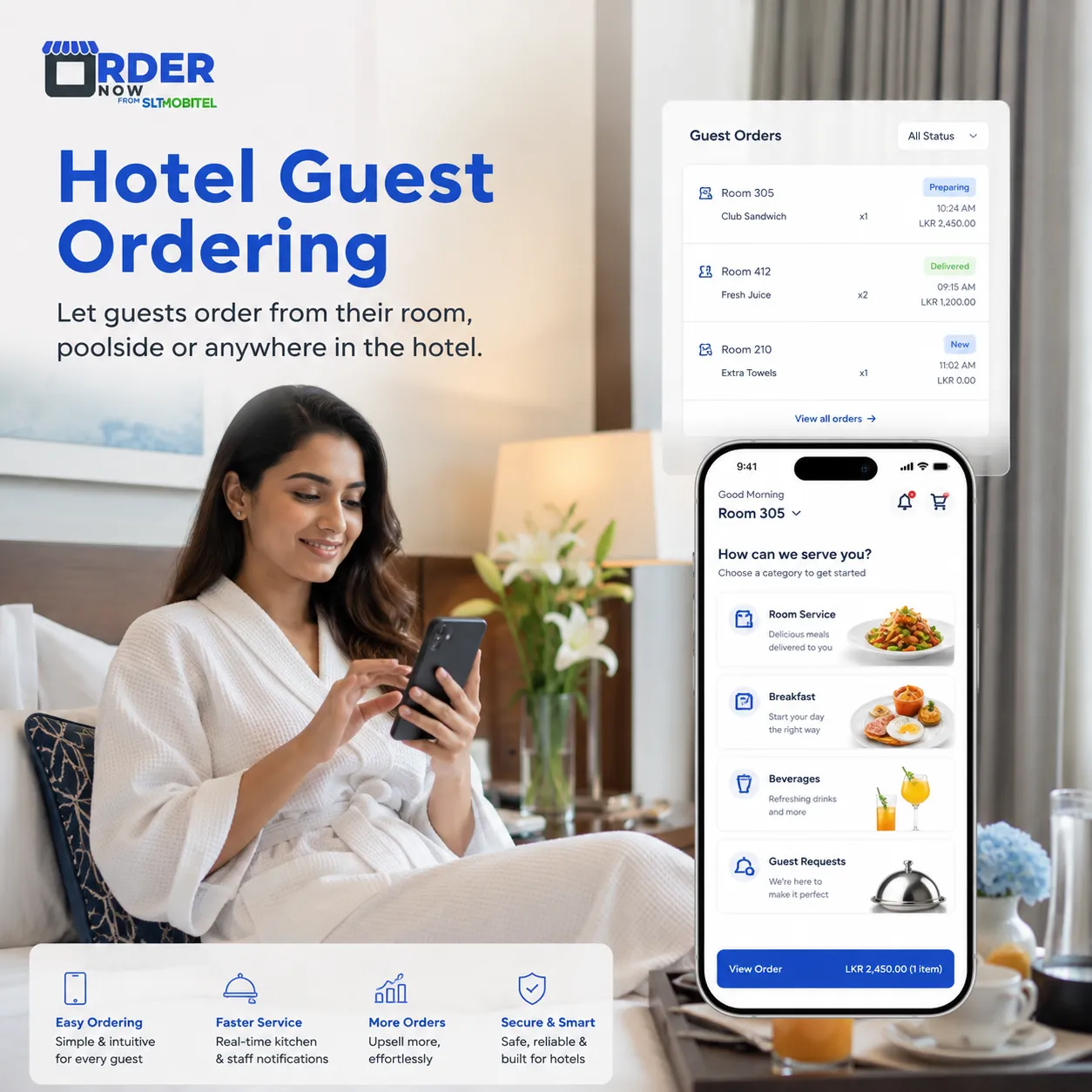 Hotel guest ordering app for room service, breakfast, beverages and guest requests