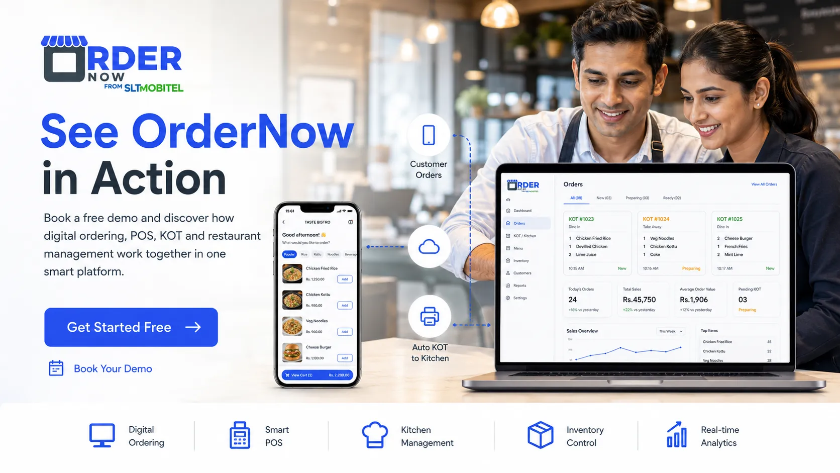 OrderNow demo workflow showing mobile ordering connected to restaurant dashboard and kitchen order management