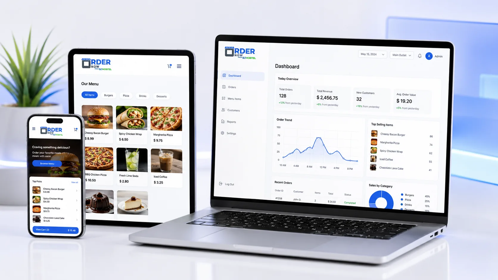 OrderNow product screens showing digital menu and restaurant management dashboard