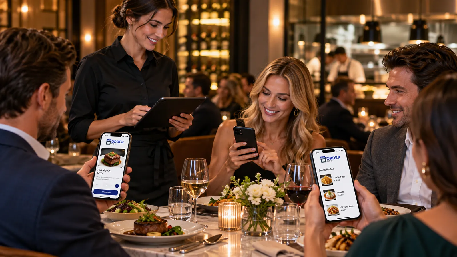 Bar manager using ordering software during evening service