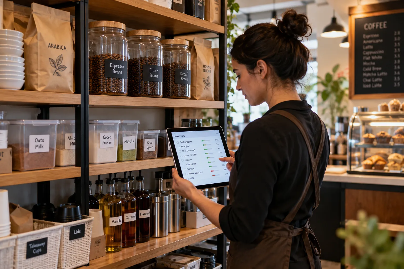 Cafe manager and barista reviewing coffee and milk inventory