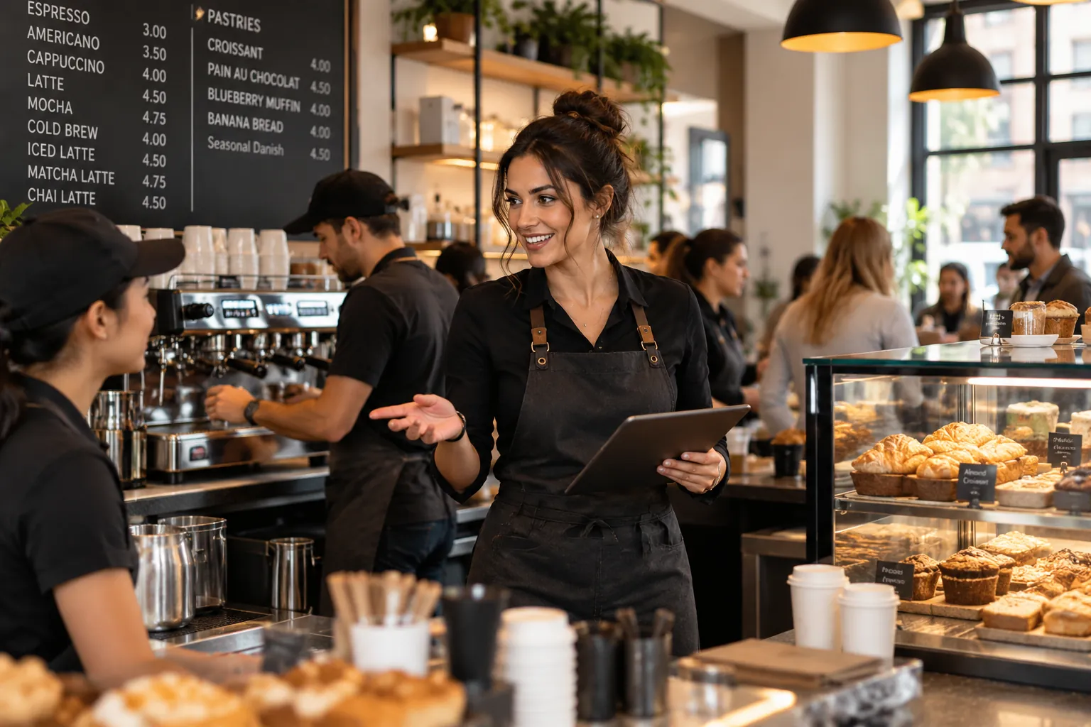 American cafe manager using cafe software during morning service