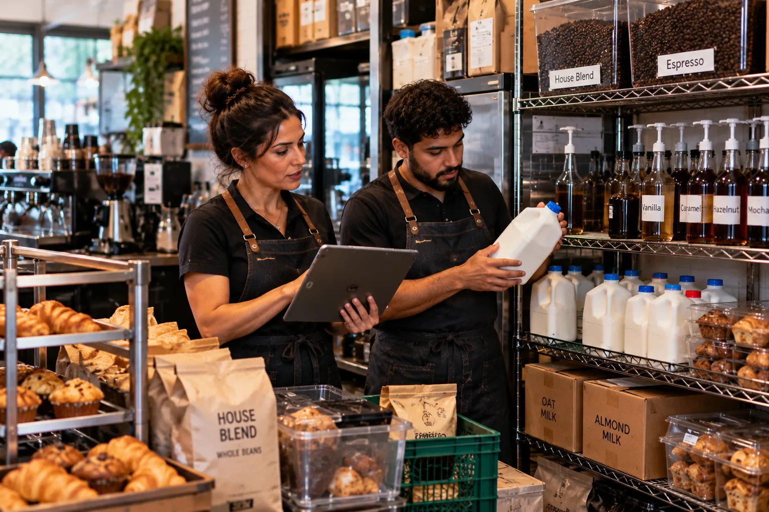 Cafe team reviewing performance after morning rush