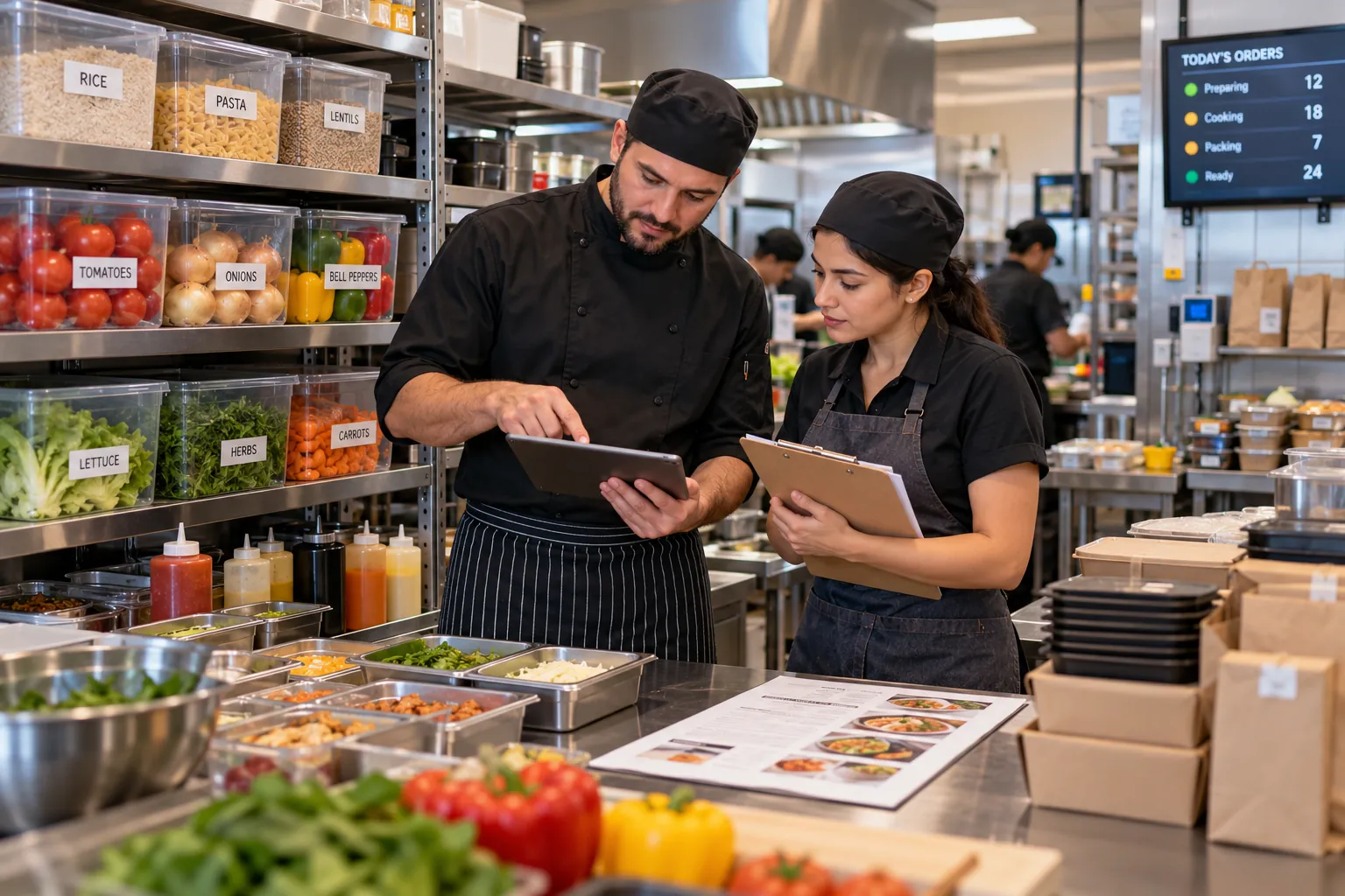 Cloud-kitchen manager and chef reviewing inventory and recipes