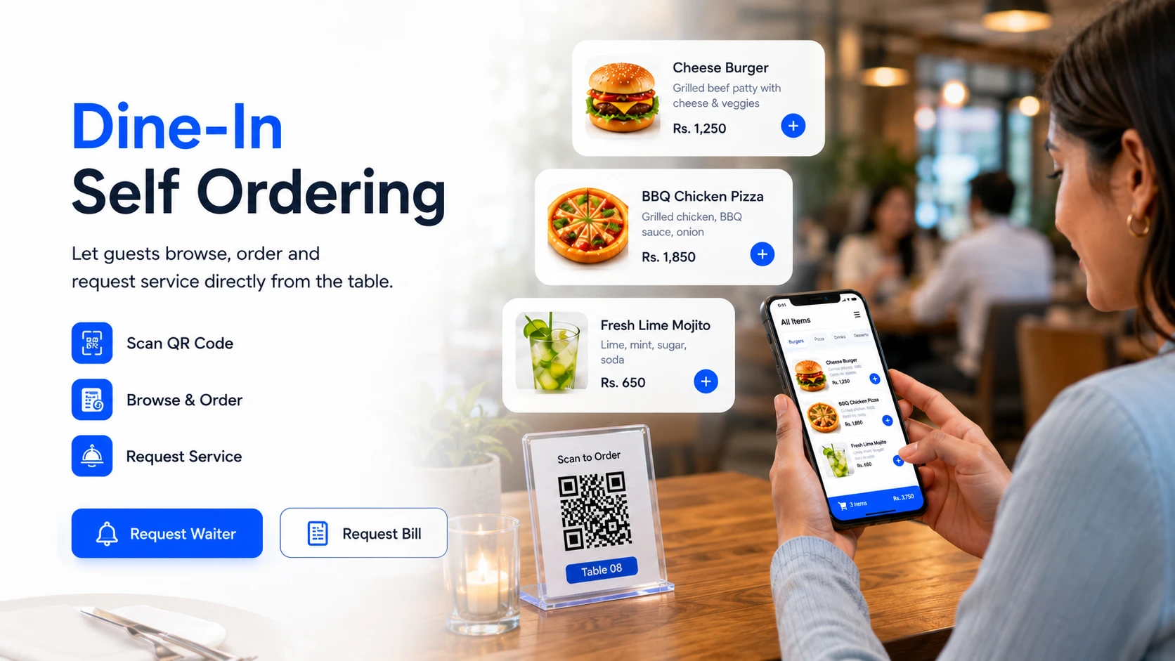 OrderNow dine-in self ordering digital menu with QR table code and customer phone