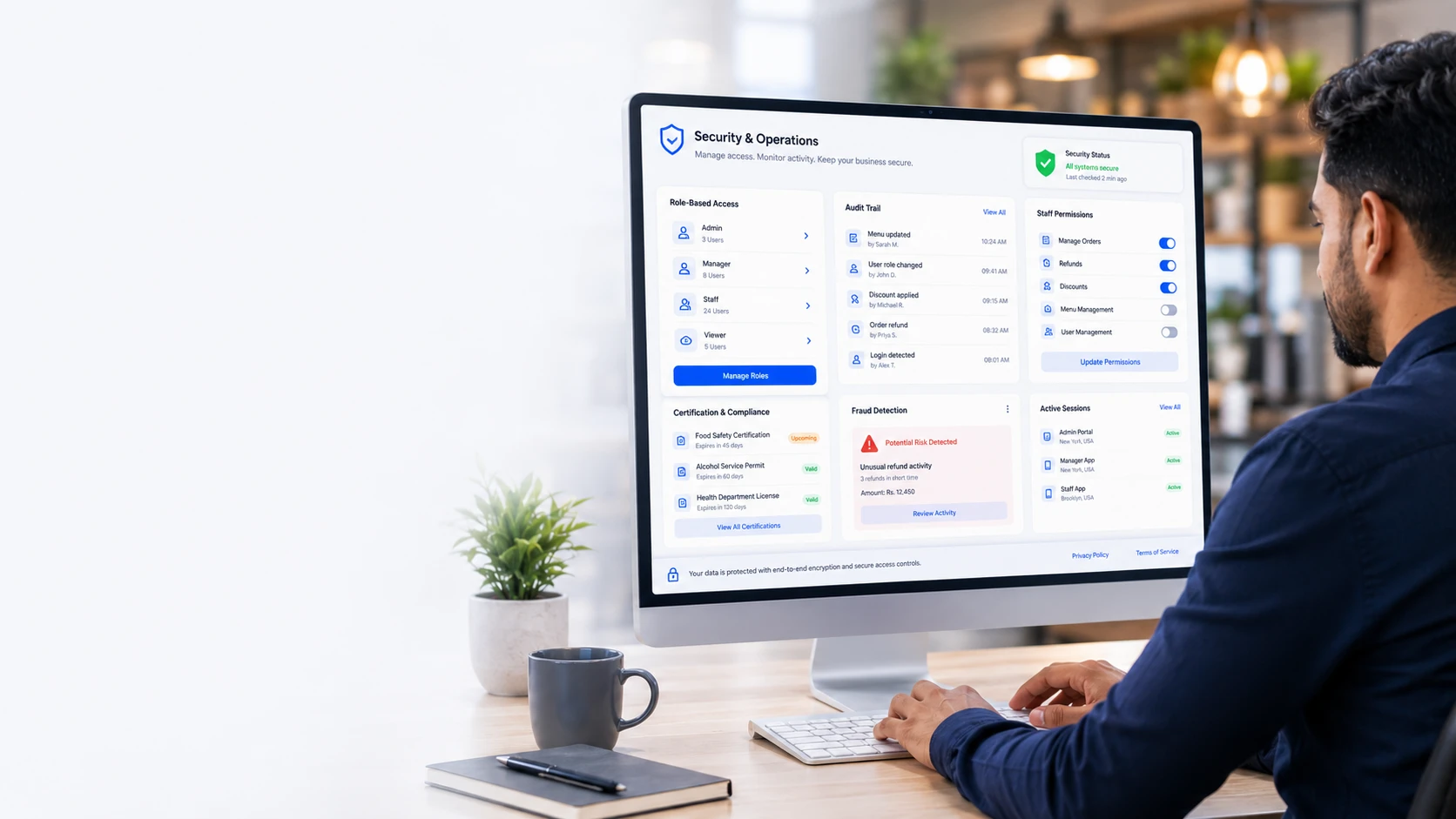 Restaurant security and operations dashboard with permissions and fraud detection