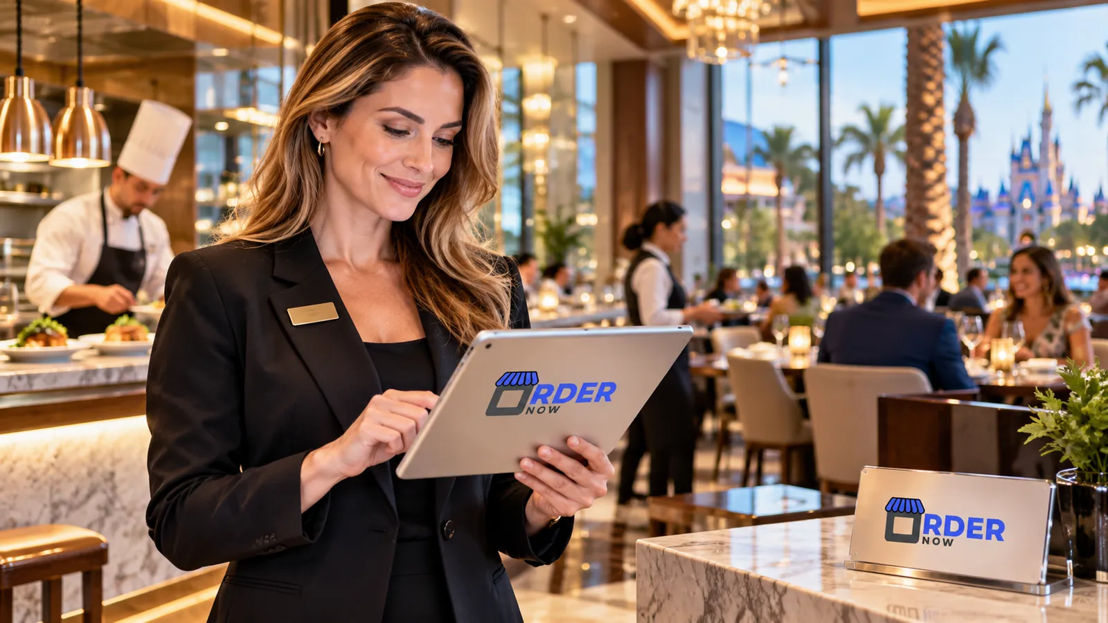 Hotel F&B manager and chef reviewing restaurant inventory