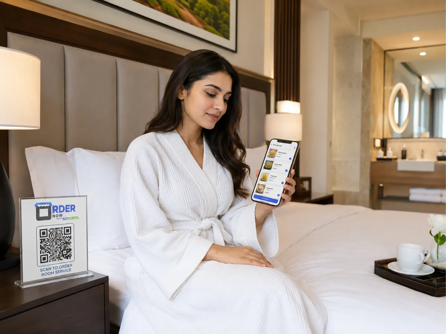 Hotel guest scanning an OrderNowQR code for room service ordering