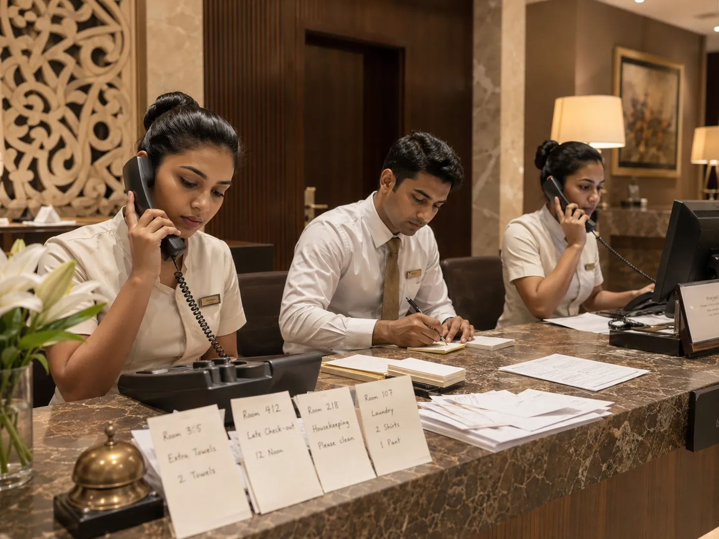 Hotel reception staff handling phone calls and manual guest request notes
