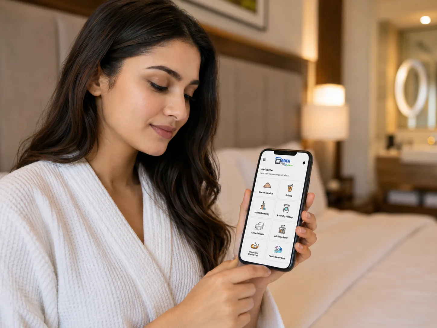 Hotel guest using OrderNowQR mobile menu for room service housekeeping laundry and poolside orders