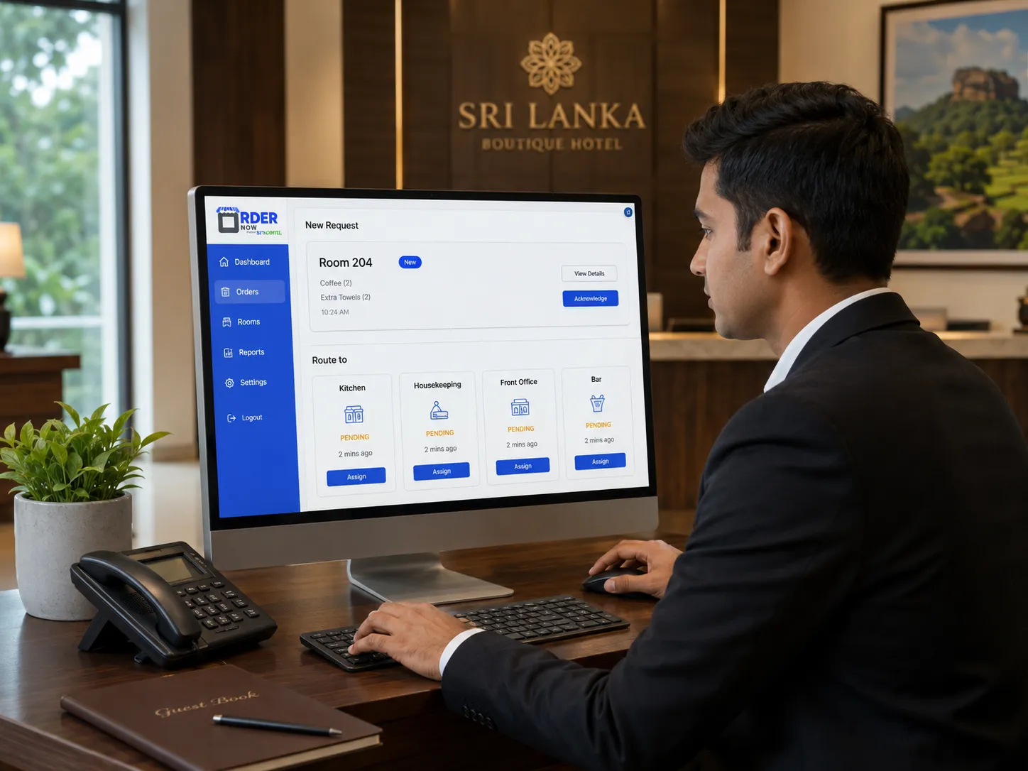 Hotel manager using OrderNowQR dashboard to route room service and guest requests