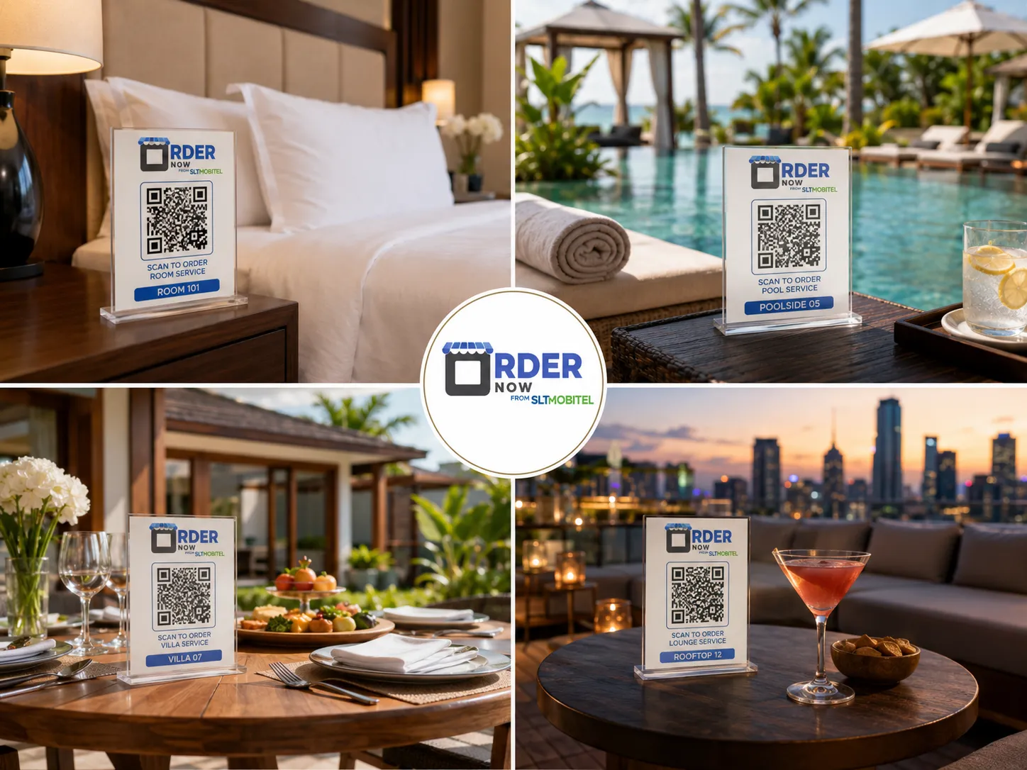 OrderNowQR QR code stands placed in hotel rooms poolside villas and rooftop lounges