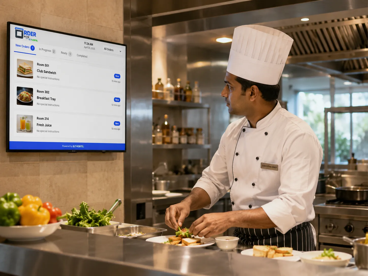 Hotel chef viewing room service orders on OrderNowQR kitchen display system