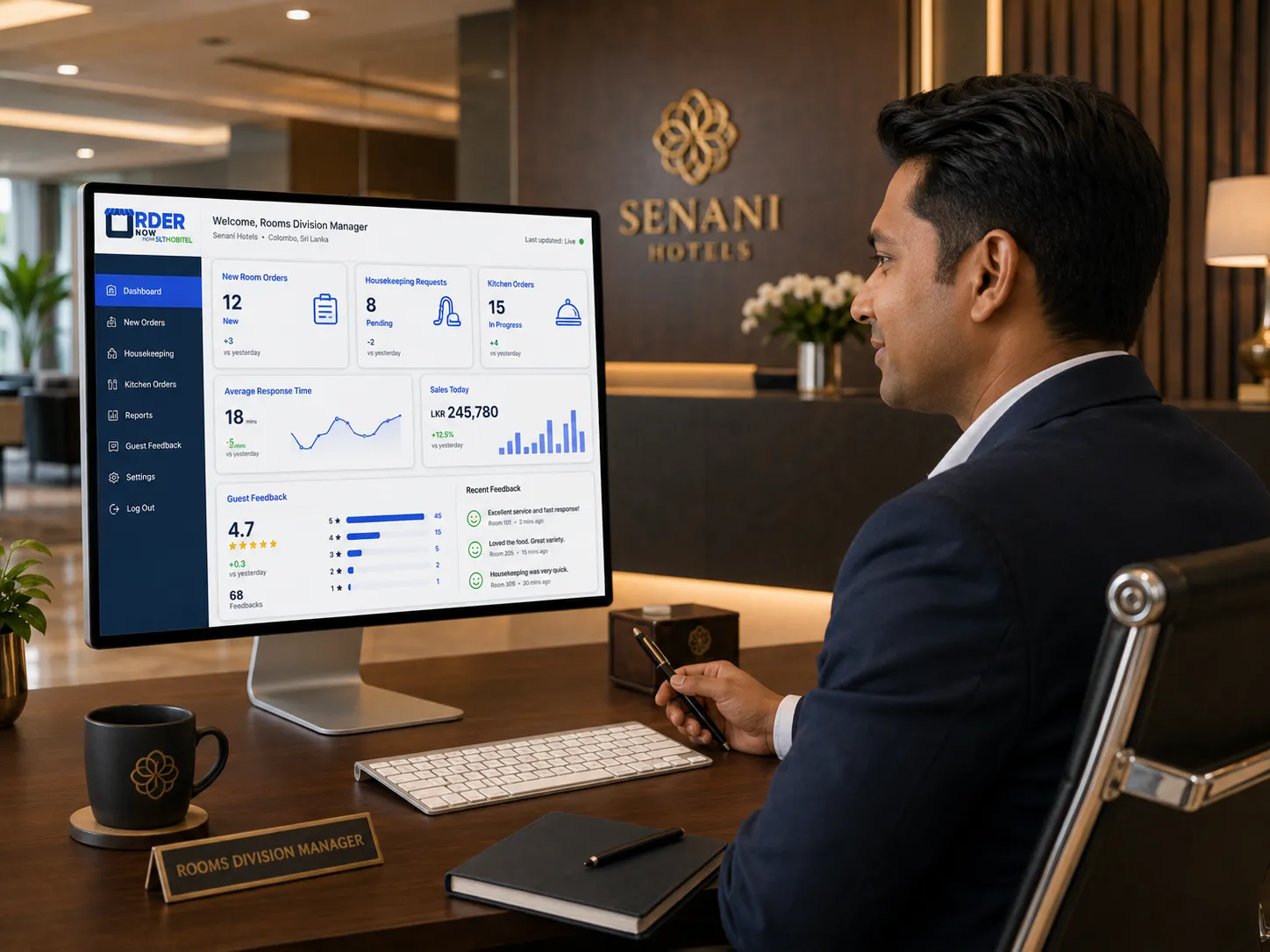 Hotel manager viewing OrderNowQR room ordering dashboard with orders reports and guest feedback