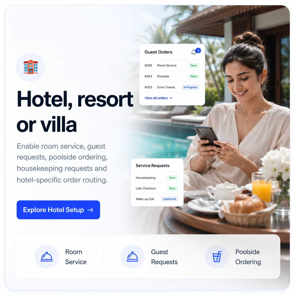 Hotel room service and poolside ordering via digital QR menu