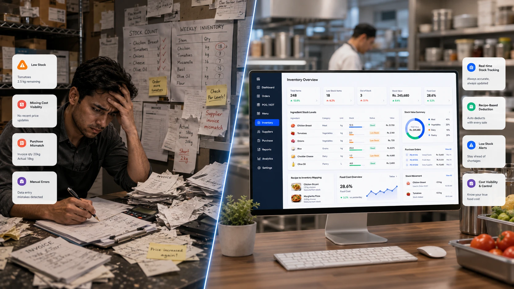 Manual restaurant inventory problems compared with a modern digital inventory management dashboard