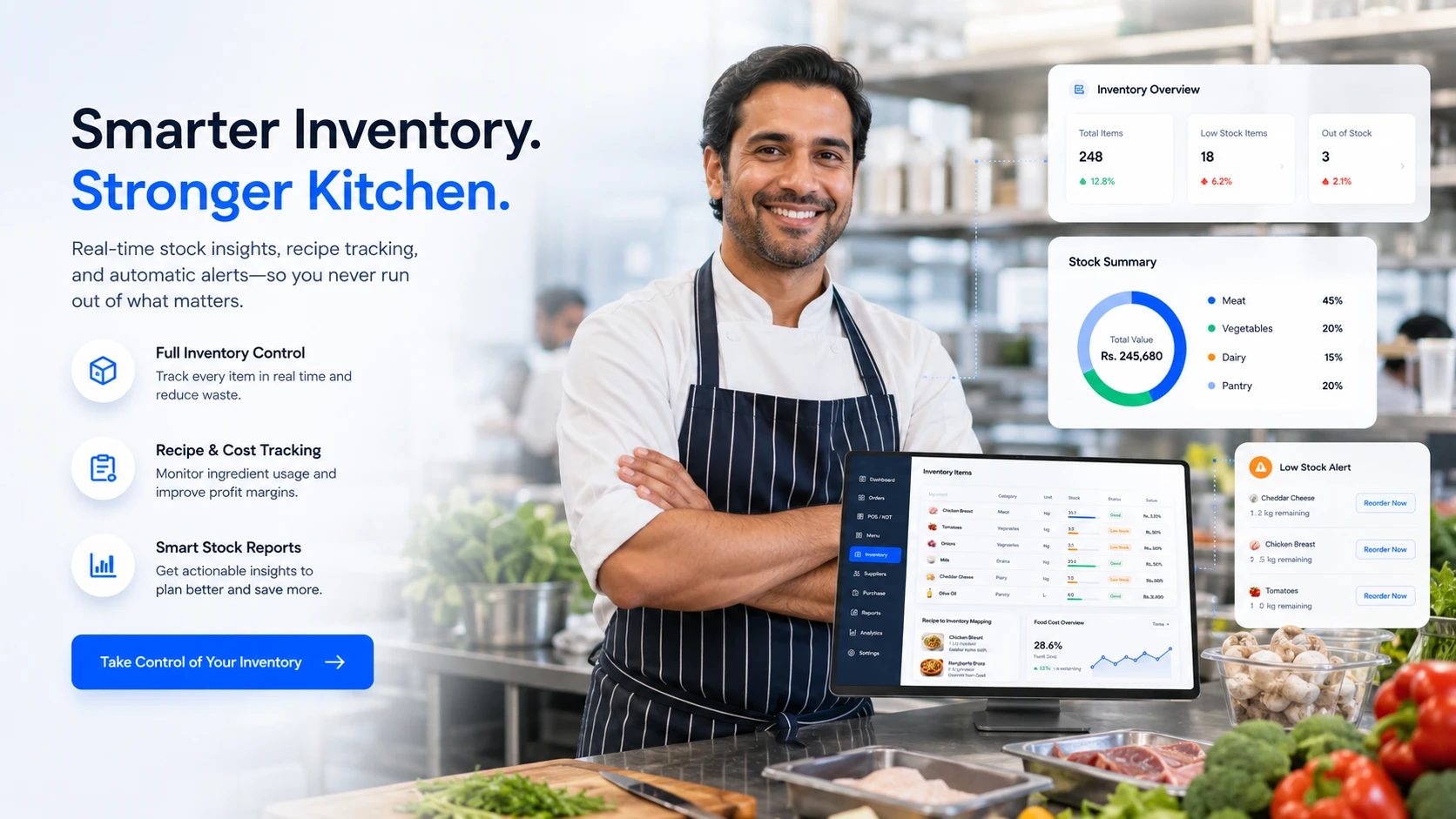 Restaurant chef and inventory dashboard showing smarter stock control and stronger kitchen operations