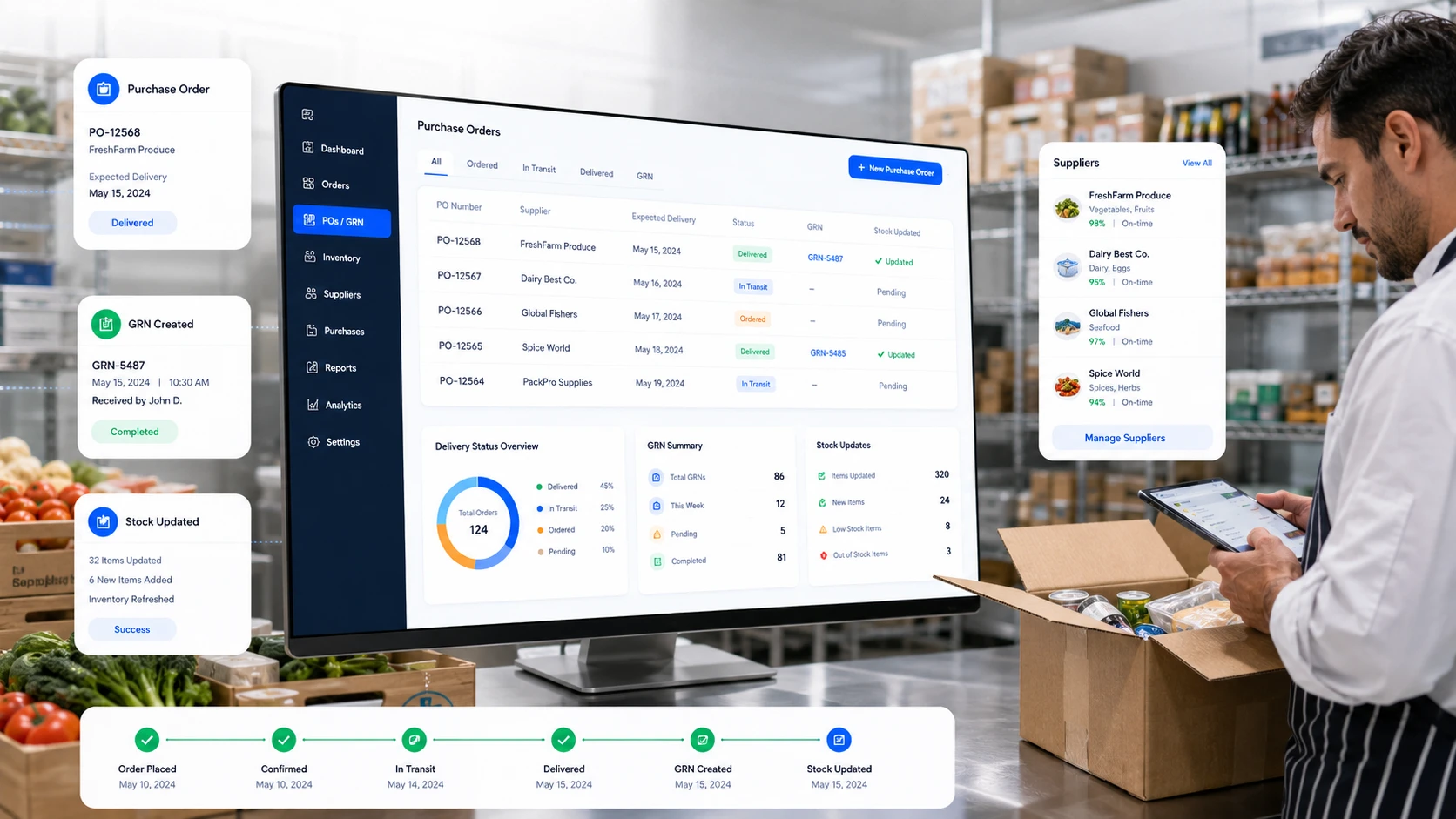 Restaurant purchase order, GRN and supplier management dashboard in a stock receiving area