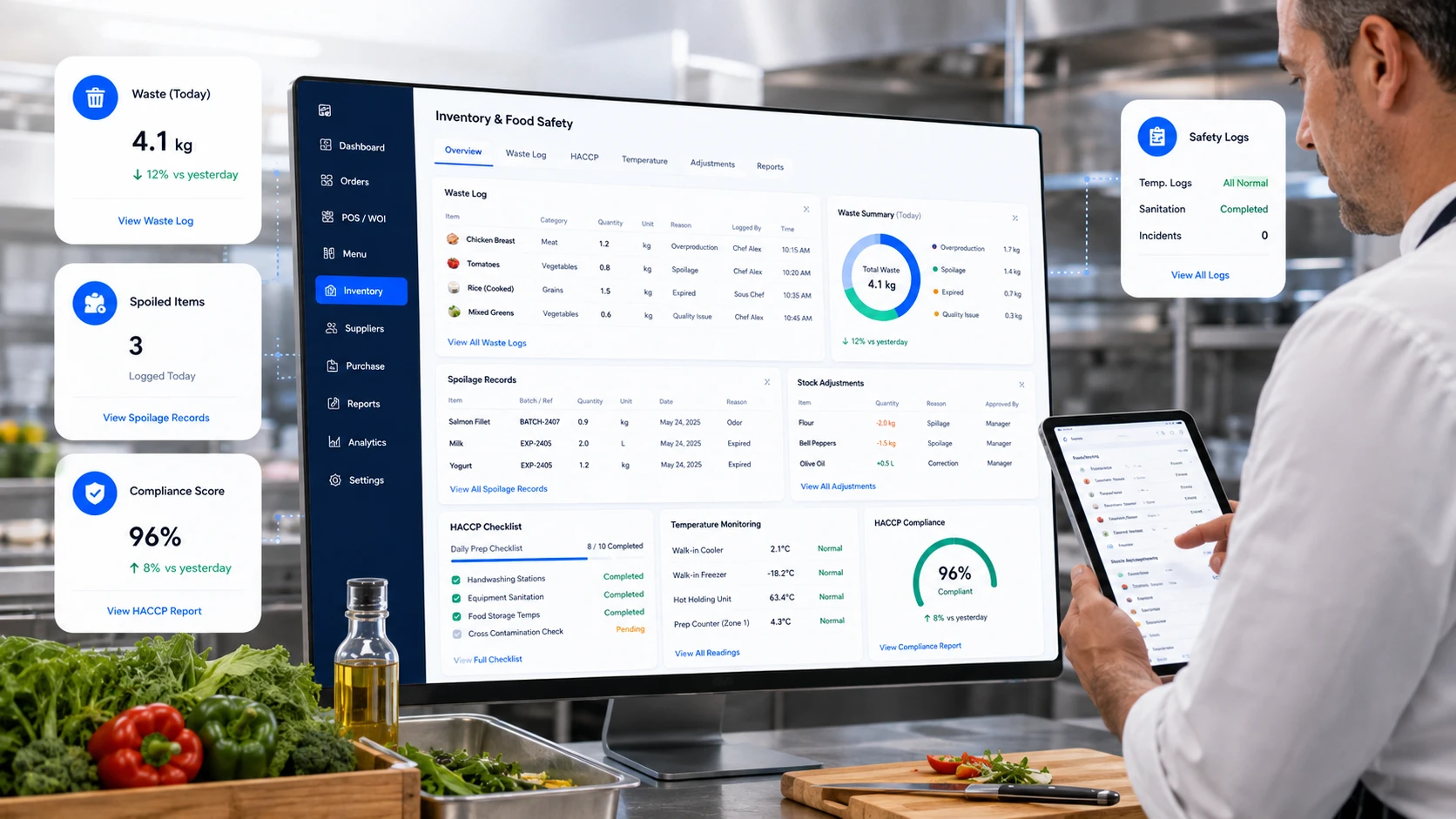 Restaurant waste logging and HACCP food safety dashboard with temperature logs and compliance score