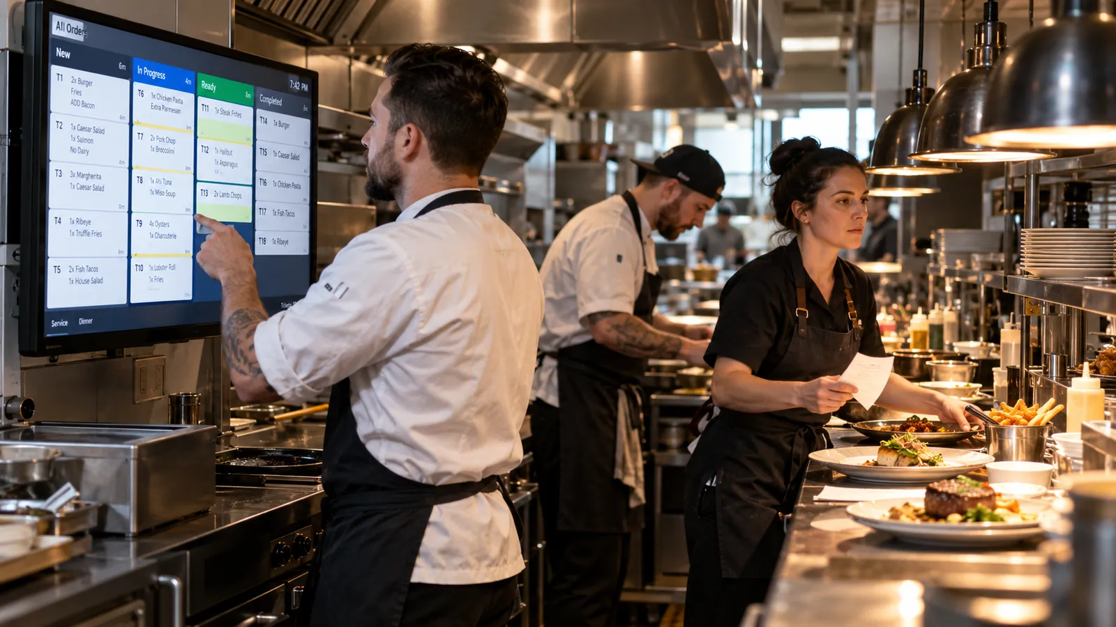 Kitchen supervisor reviewing item modifiers on digital kitchen orders