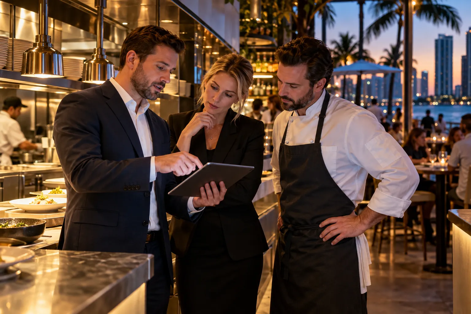 NYC restaurant team reviewing operations before service