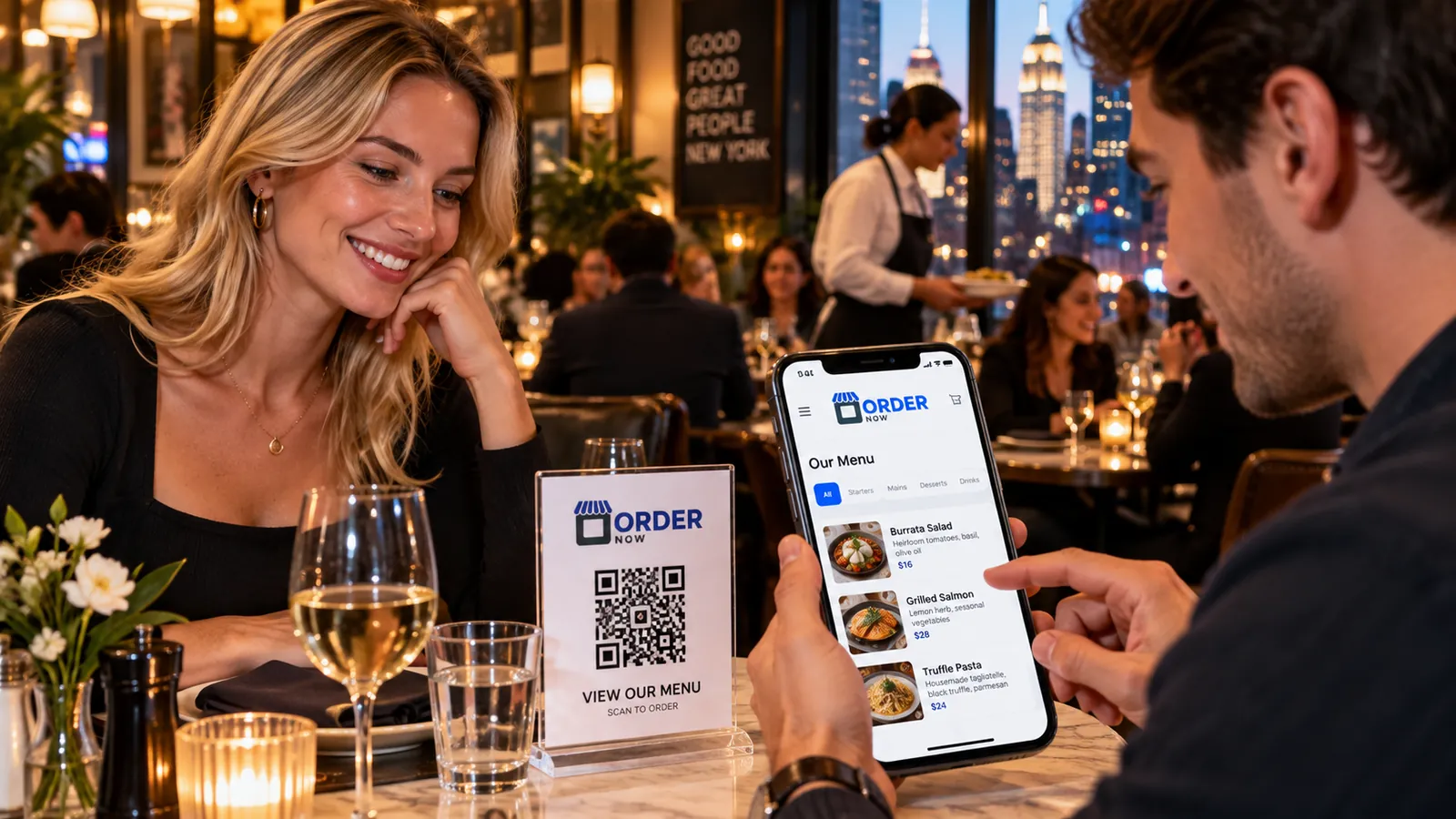 Guests using QR ordering in a compact New York restaurant