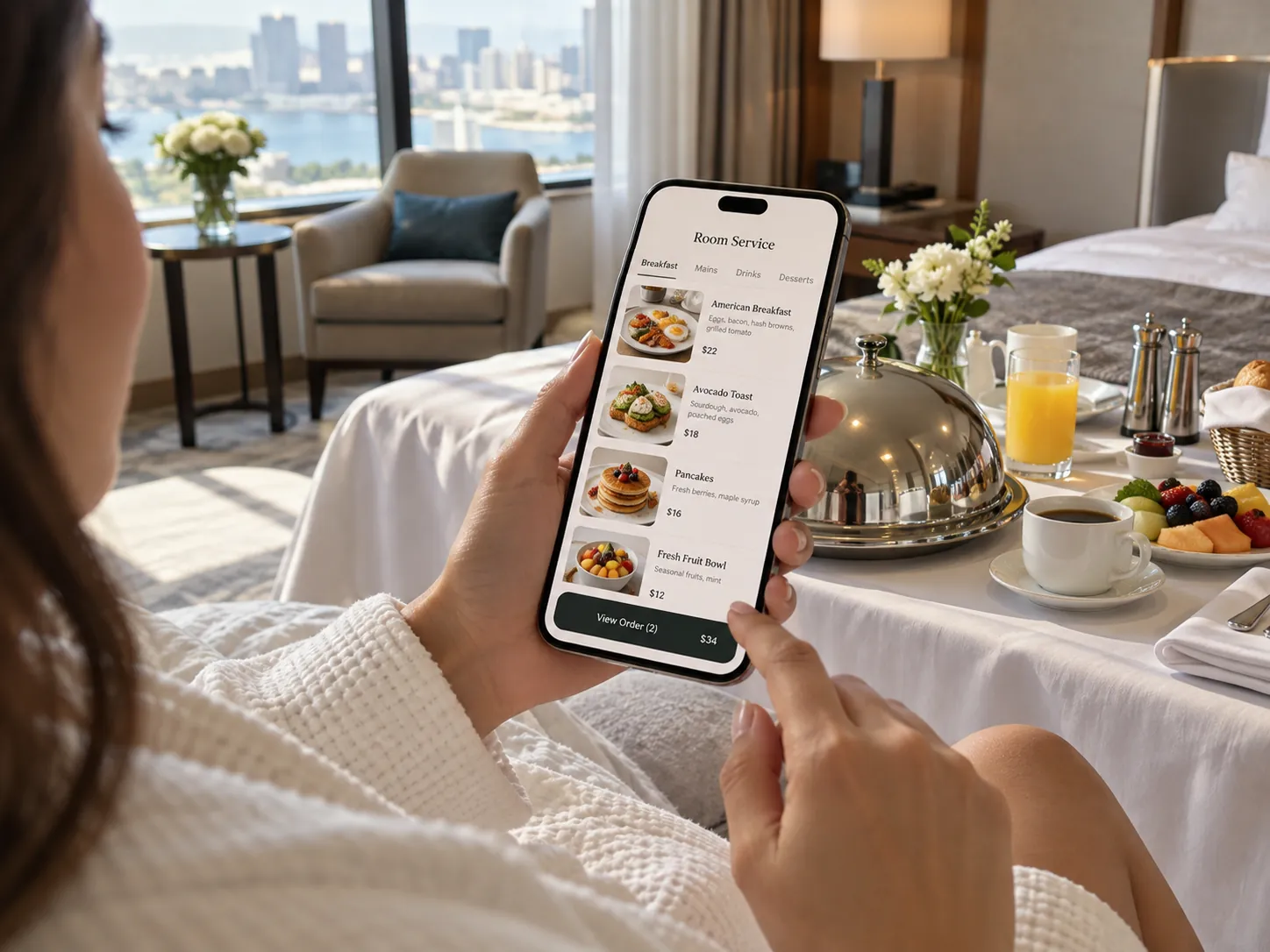 Hotel guest using mobile restaurant ordering in Orlando