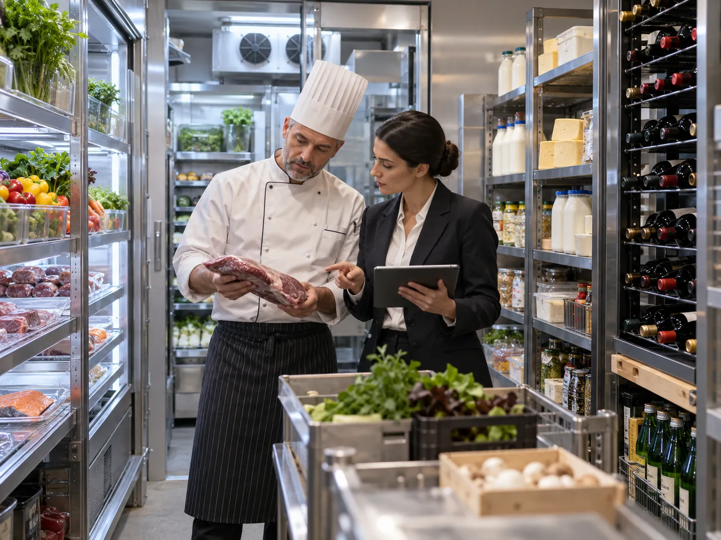 Orlando restaurant manager and chef reviewing stock before busy service