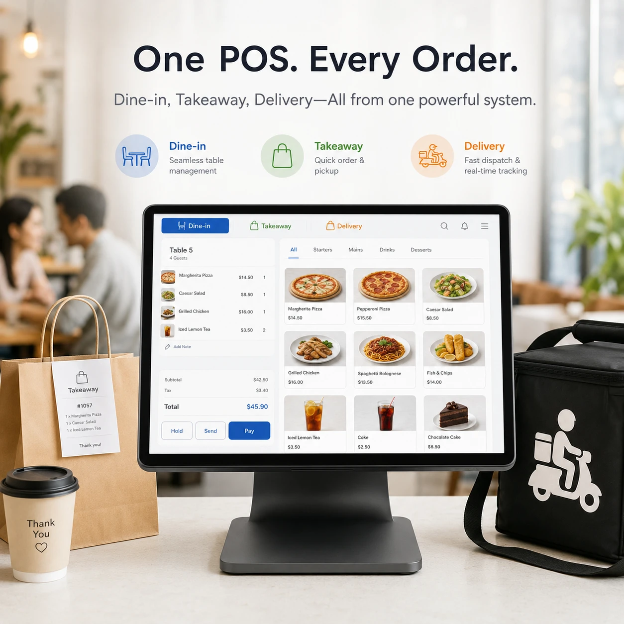 One restaurant POS system for dine-in takeaway and delivery orders