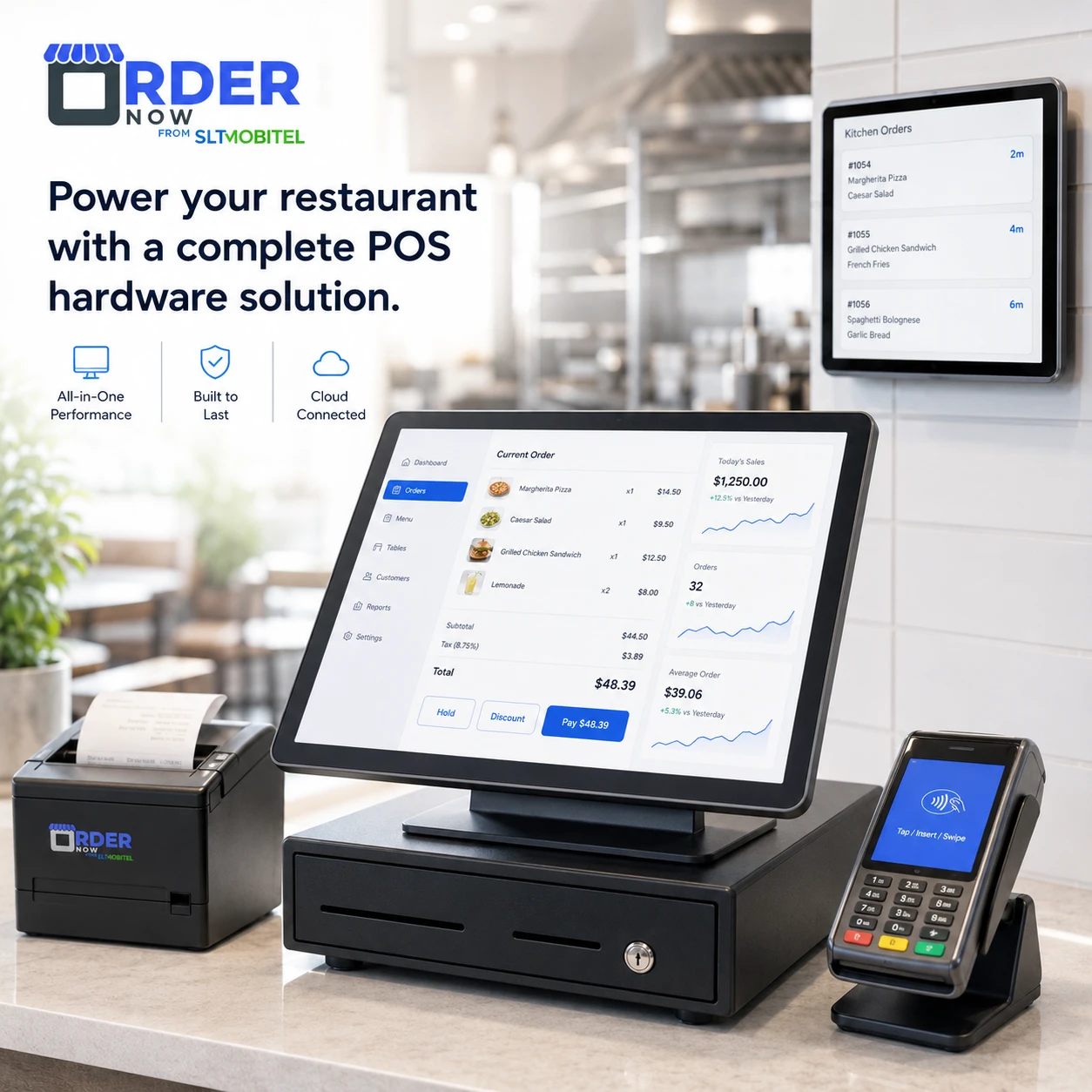 Restaurant POS hardware setup with terminal cash drawer receipt printer and KOT screen