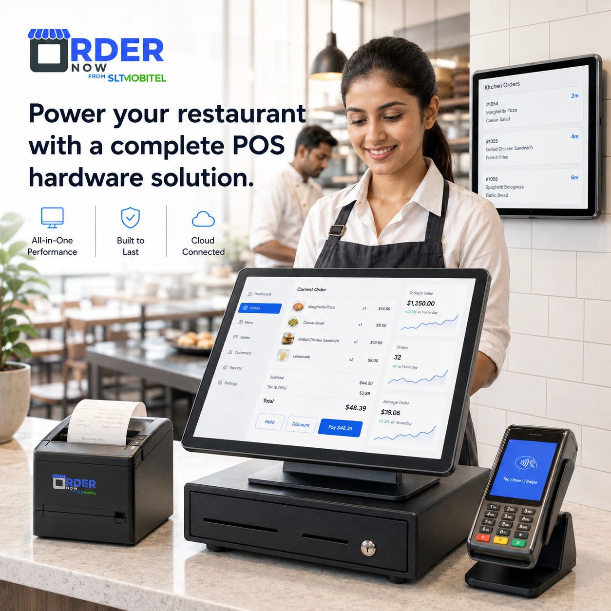 OrderNowQR restaurant POS system with cash drawer receipt printer and kitchen display