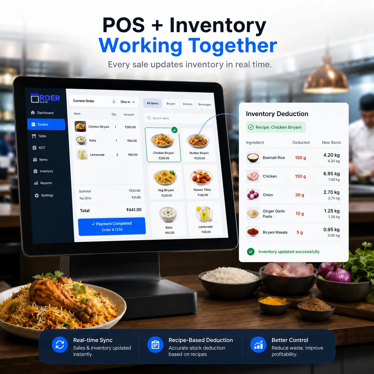 Restaurant POS connected with inventory and recipe-based stock deduction