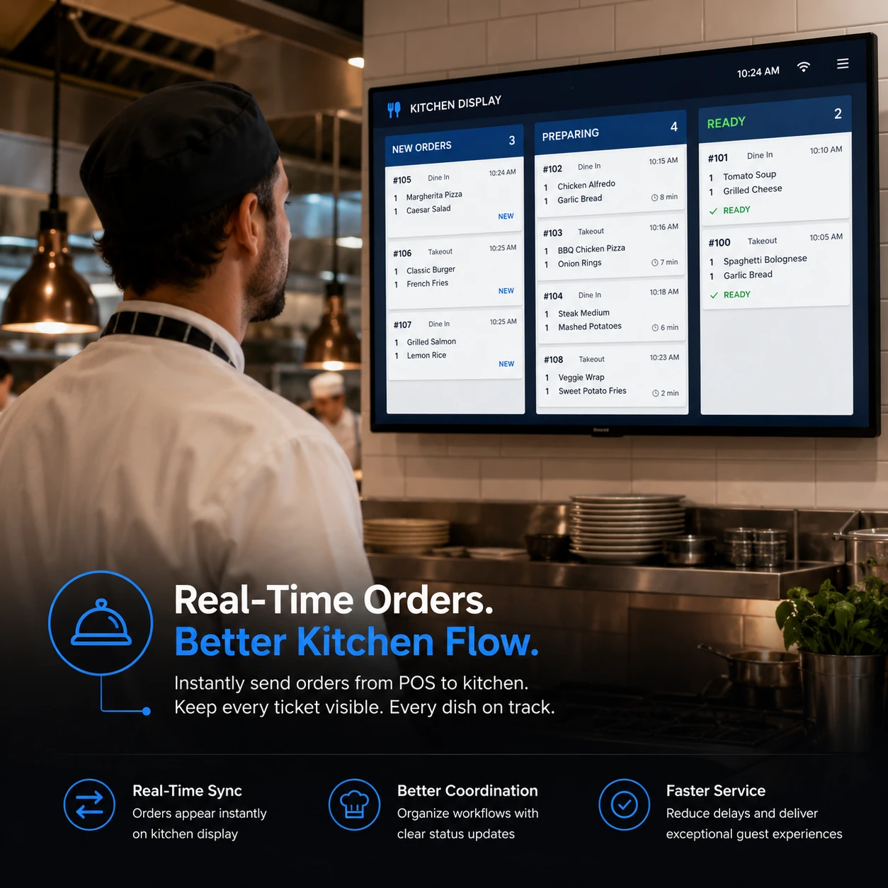 Restaurant kitchen KOT display system connected with POS