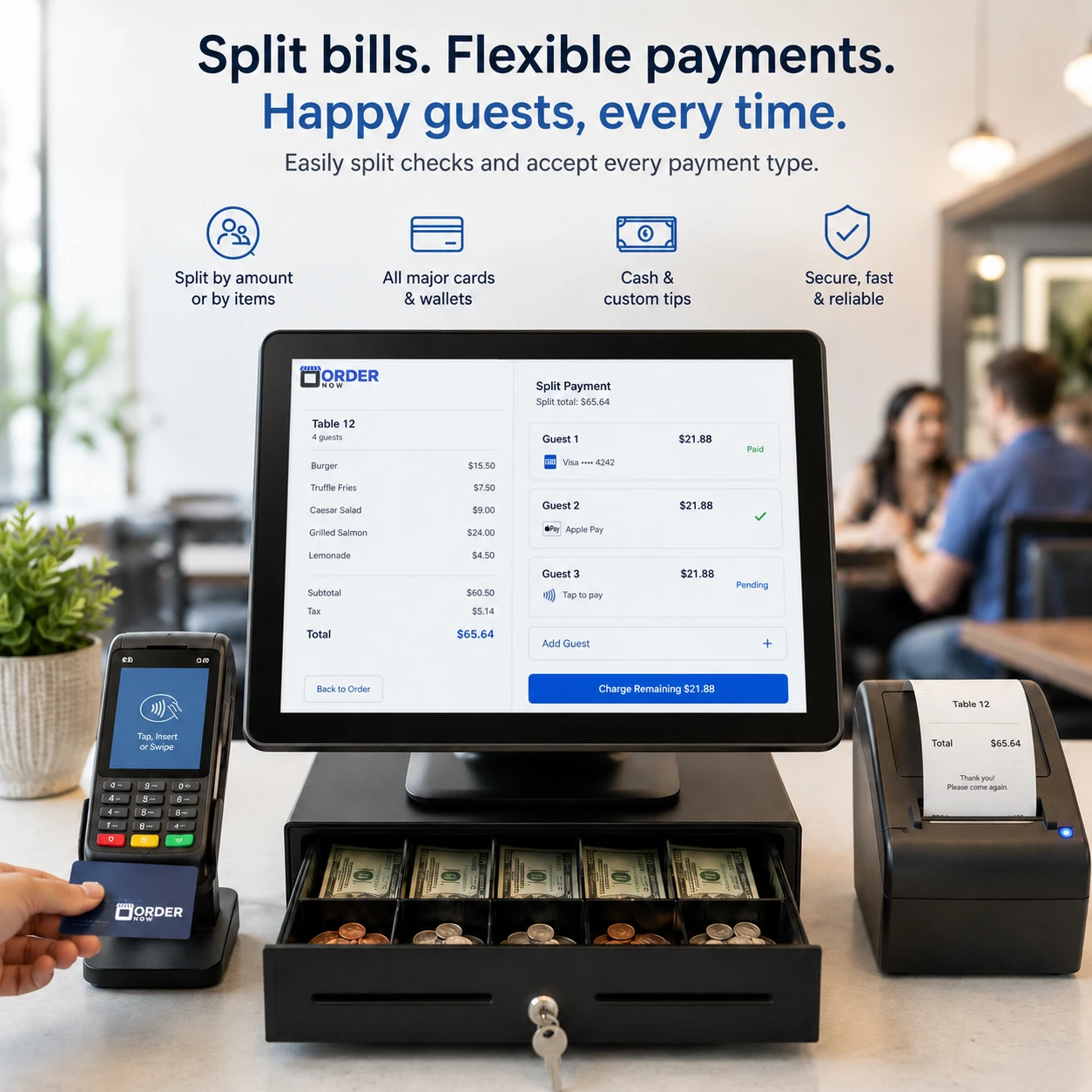 Restaurant POS payment processing and split billing system