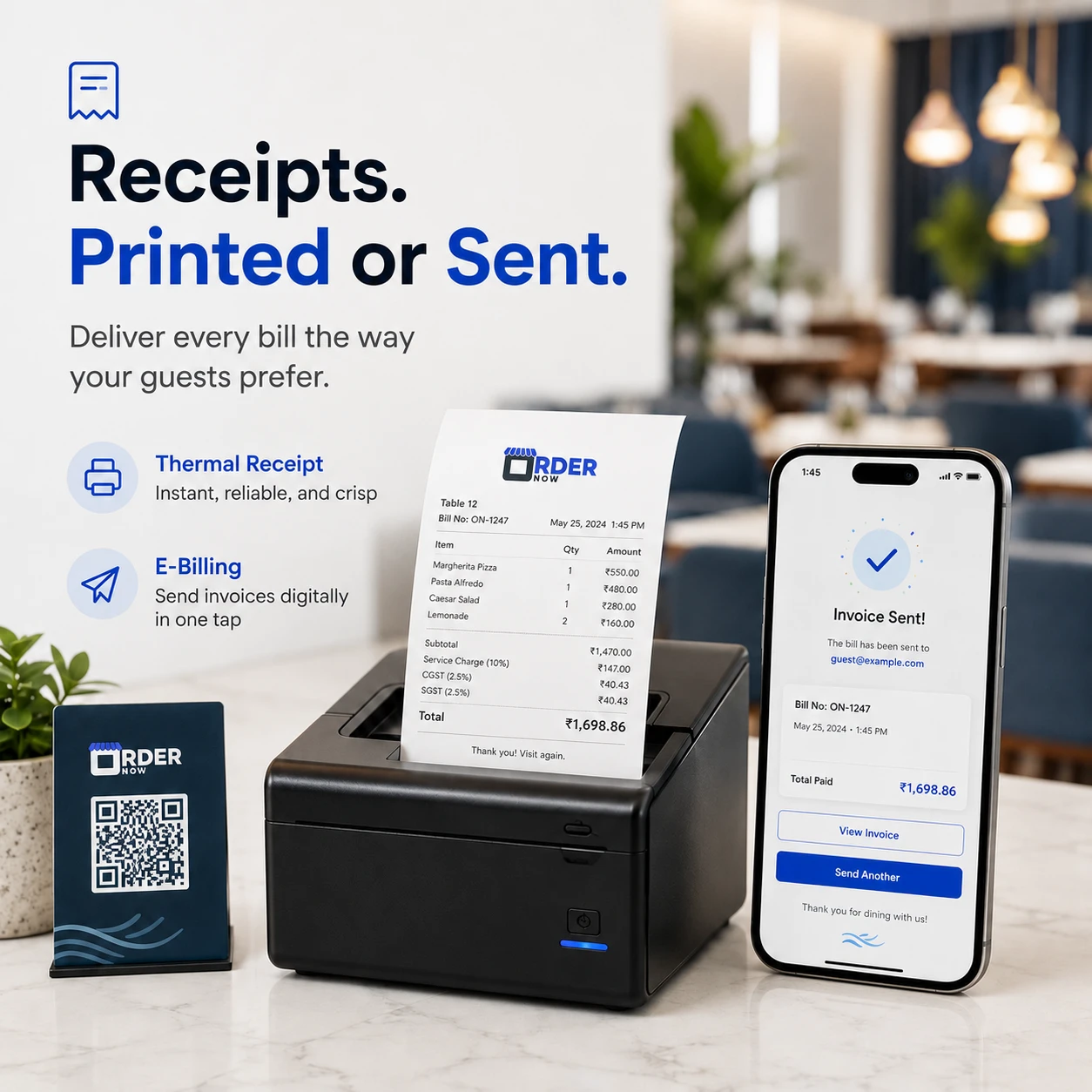 Restaurant POS thermal receipt printer and digital e-billing workflow