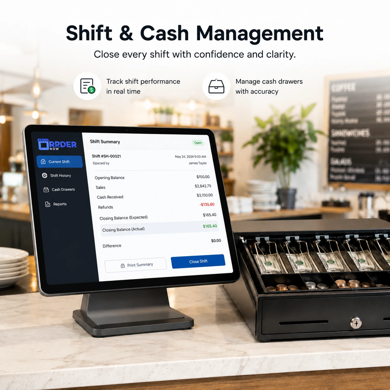 Restaurant POS shift management cash drawer and cashier report