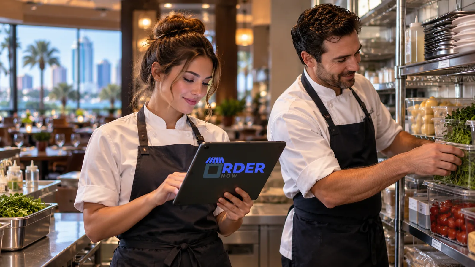 QSR manager and kitchen lead reviewing stock and order queue