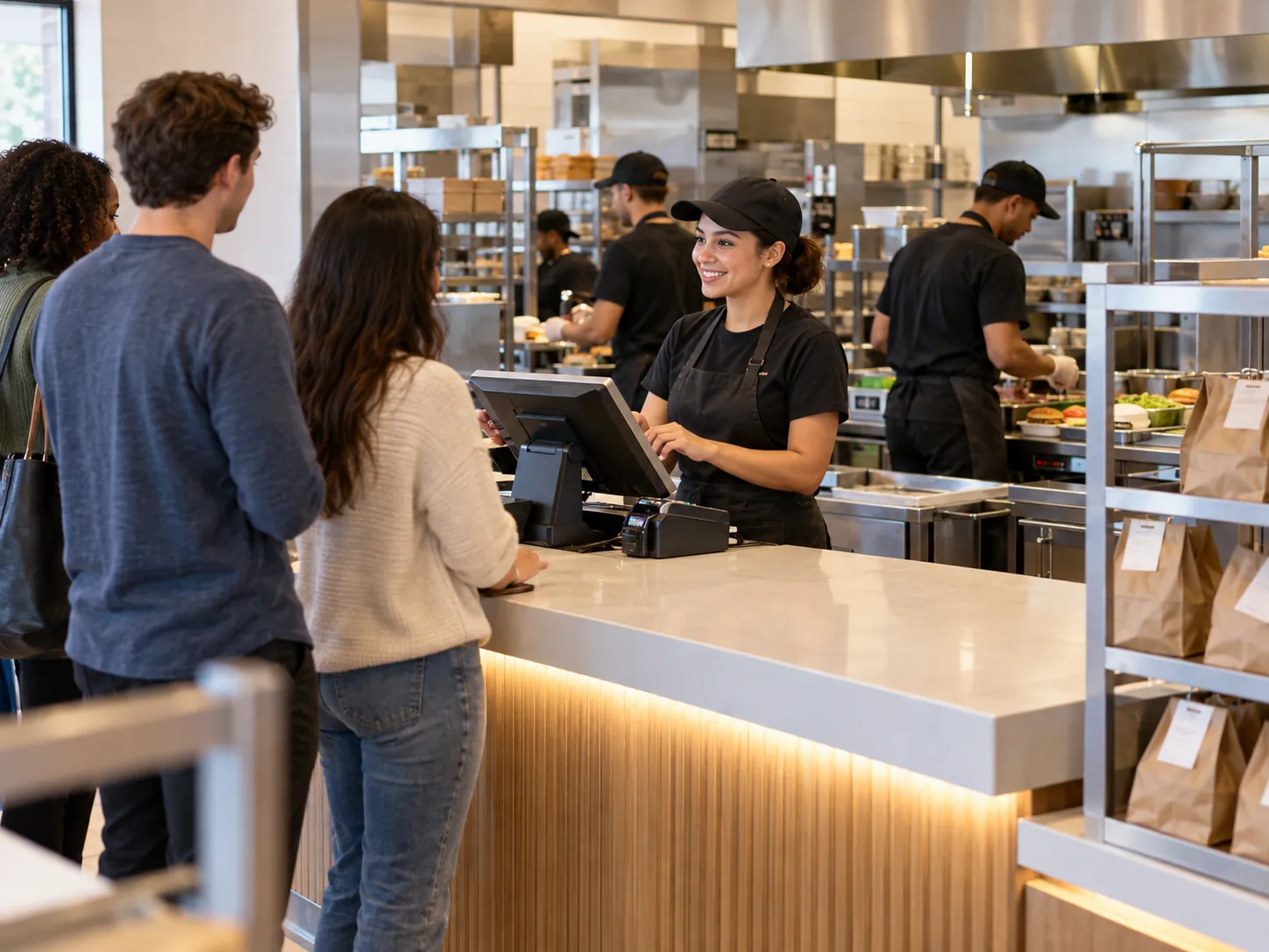 QSR manager monitoring counter and kitchen operations