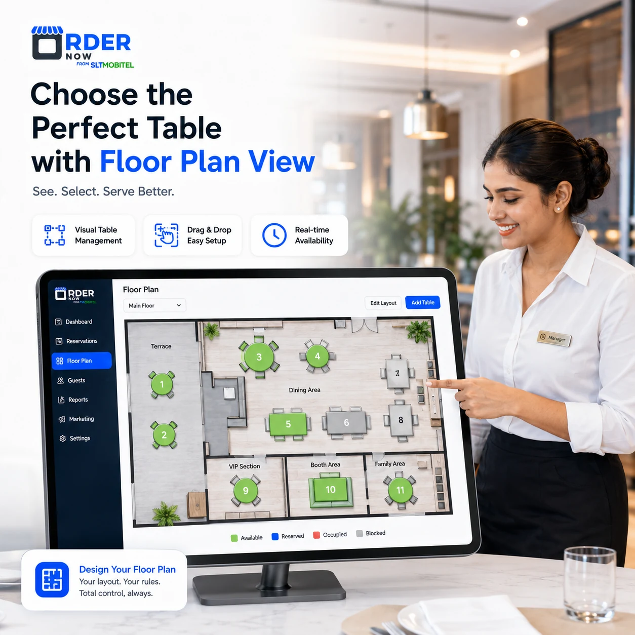 Restaurant floor plan designer and visual table selection