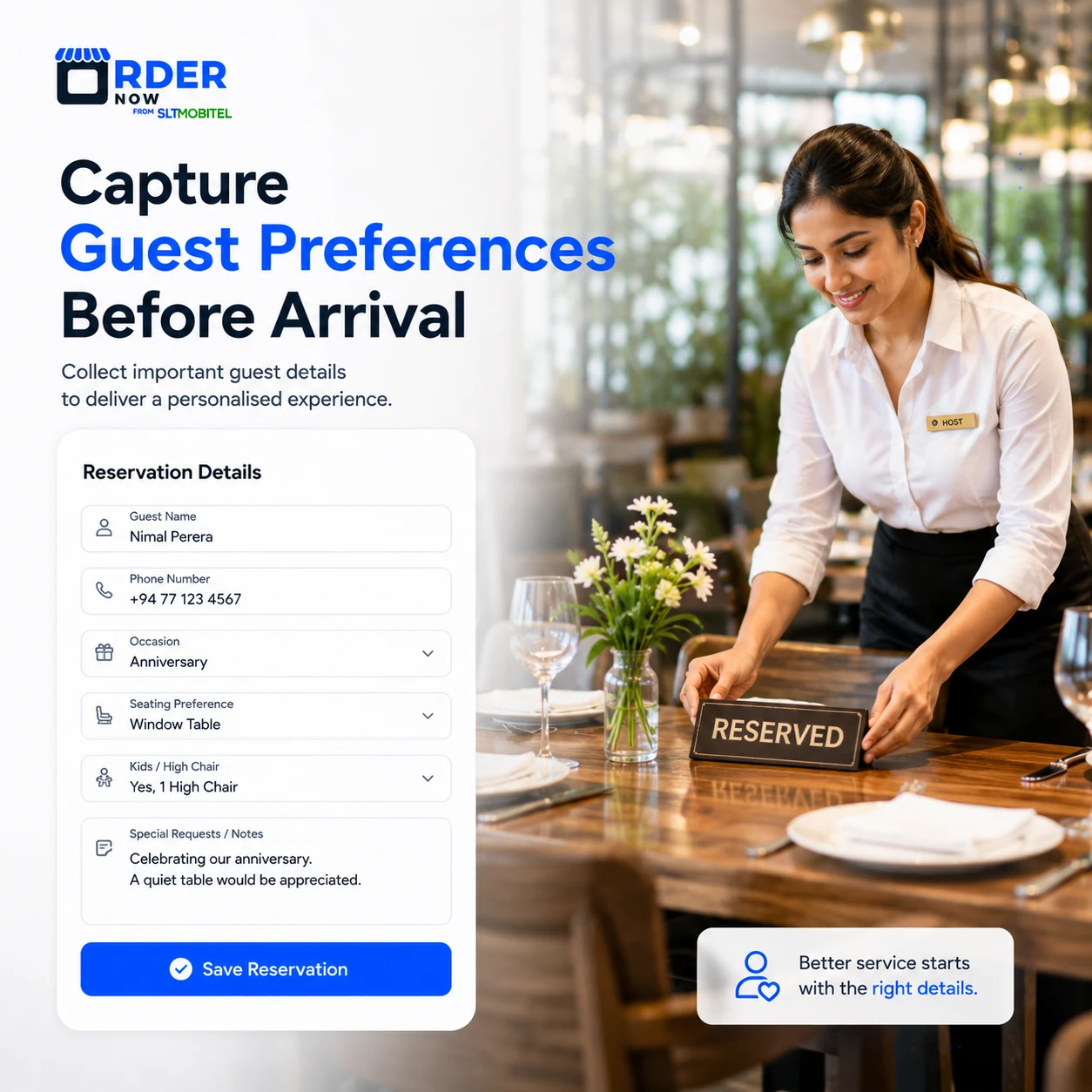 Guest details and special requests in restaurant reservation software