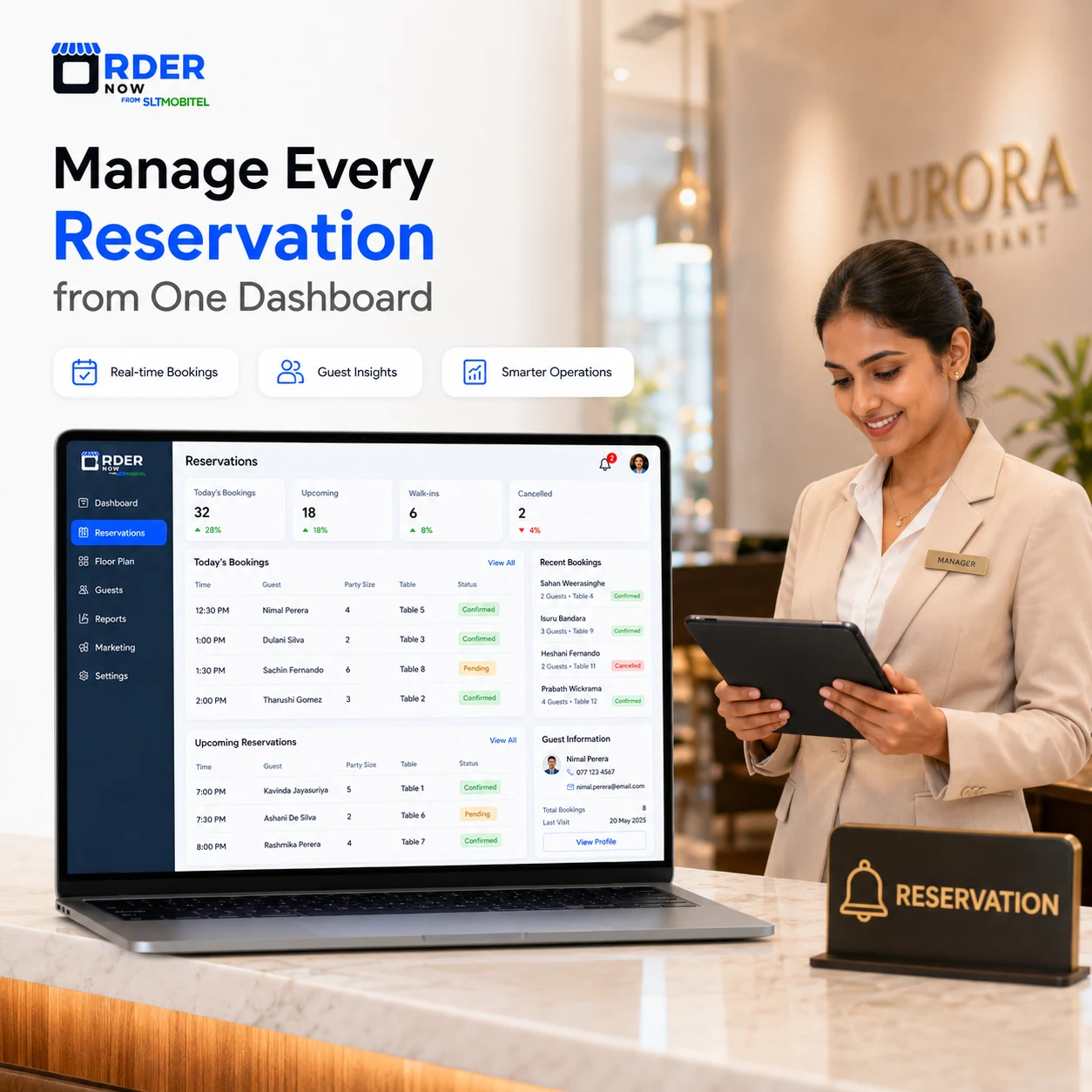 Restaurant reservation dashboard with booking status and guest details