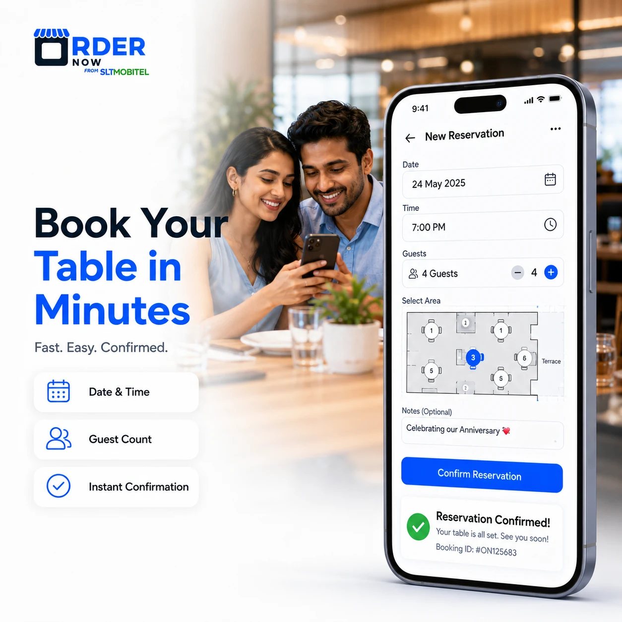 Guest booking a restaurant table online with OrderNowQR