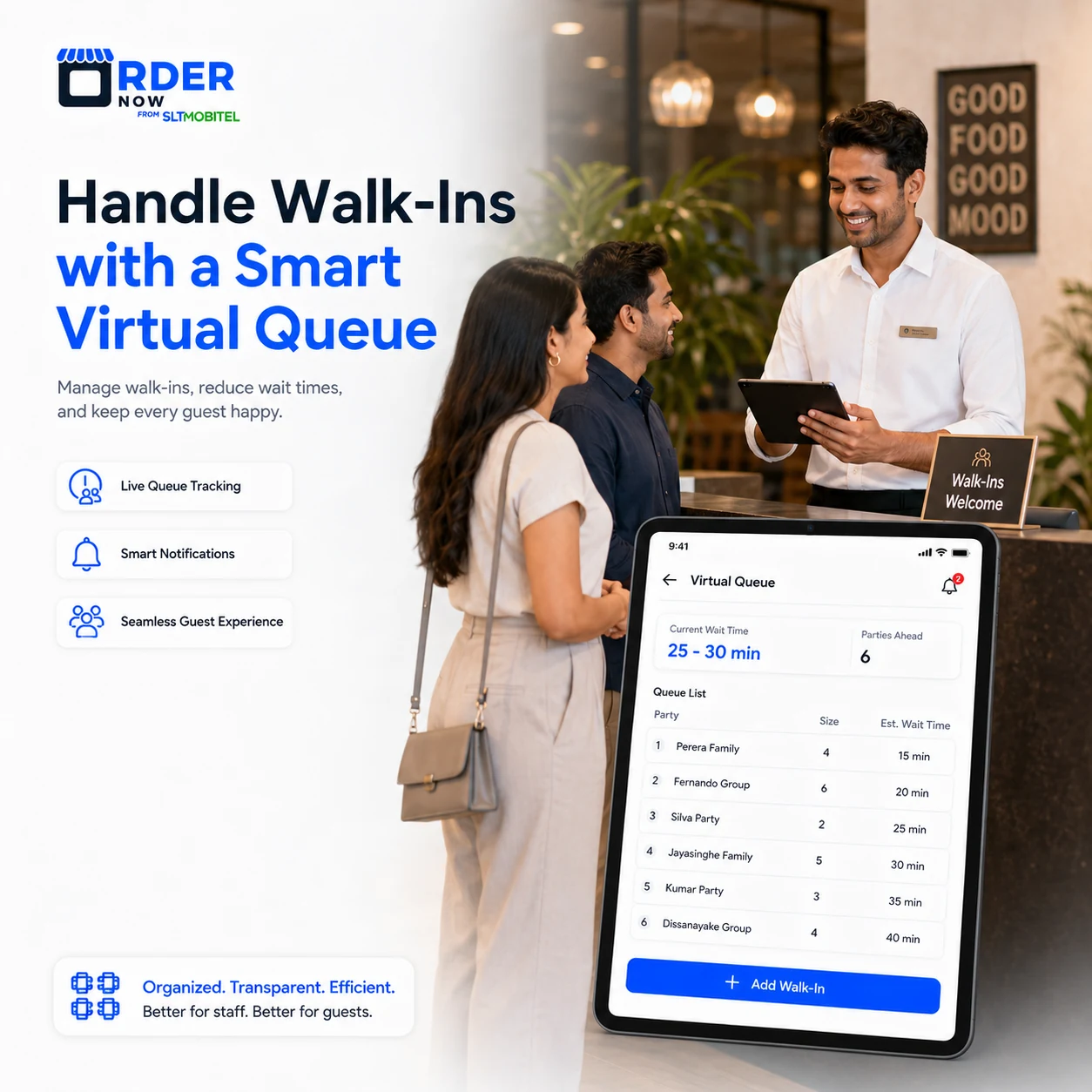 Restaurant walk-in waitlist and virtual queue management system