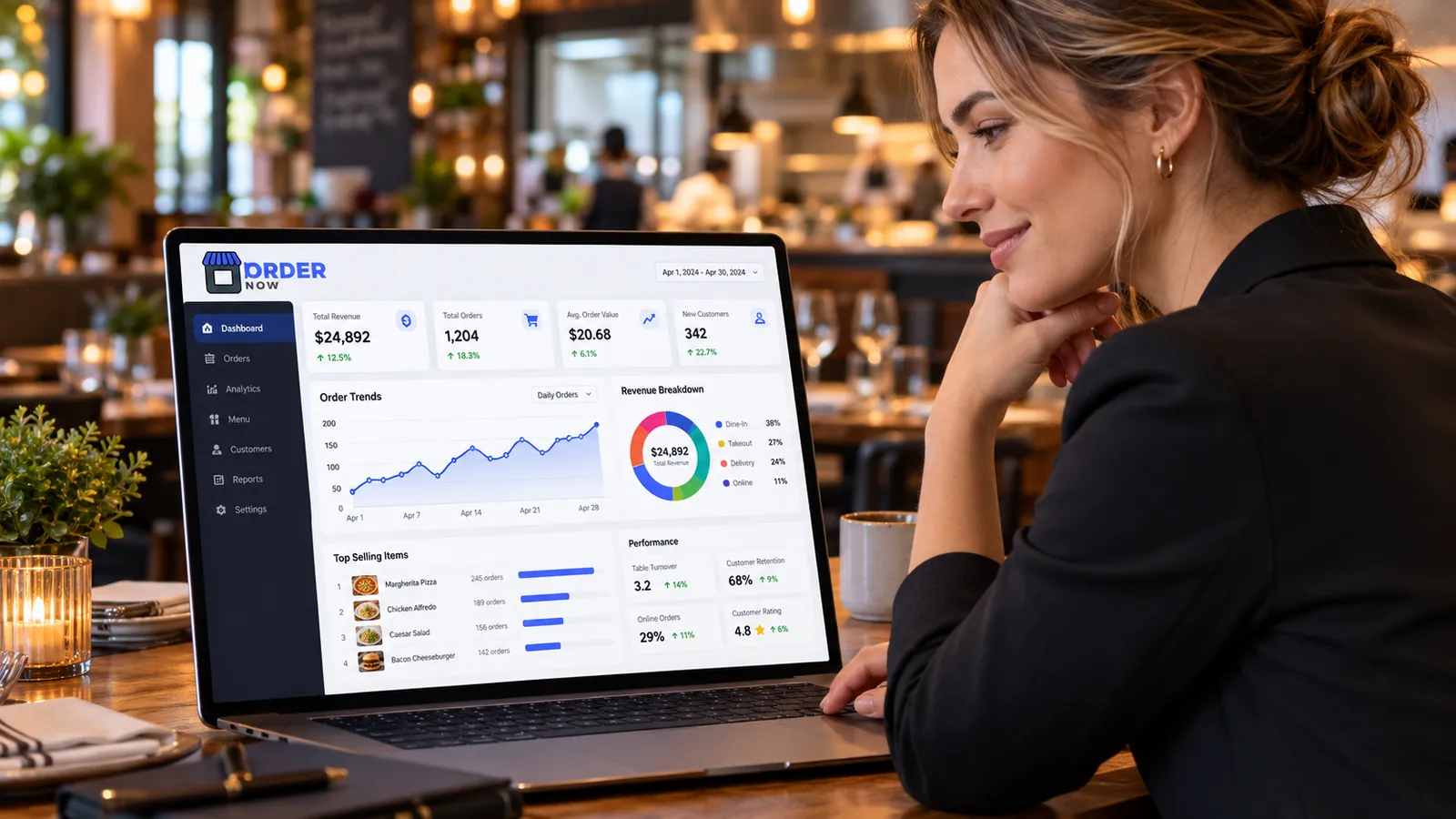 U.S. restaurant owner and manager reviewing sales analytics