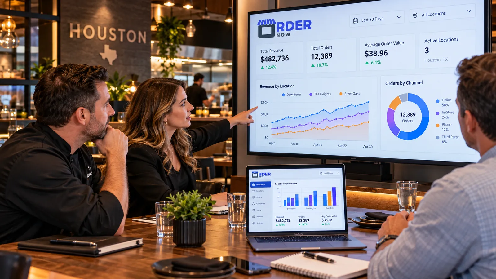 Restaurant owner and manager reviewing performance analytics